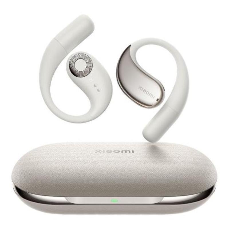 Beige Xiaomi OpenWear Stereo earbuds with a sleek design, featuring a textured charging case and touch controls on the earbuds.