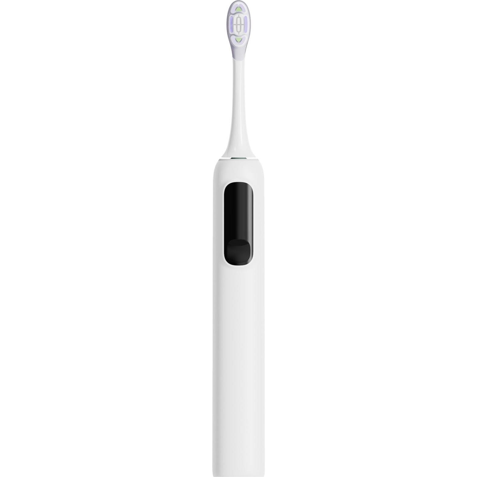 Electric toothbrush in white with a sleek design, featuring a power button and an oscillating brush head for effective cleaning.