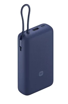 Dark blue Xiaomi P2030Mi lithium-ion power bank with a textured surface, featuring a USB port, a charging indicator, and a built-in cable loop for easy portability.