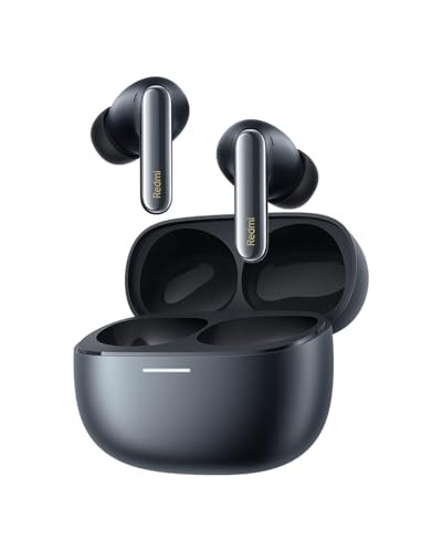 Wireless earbuds in sleek space black with a glossy finish, featuring a compact charging case and prominent Redmi branding on the stems.