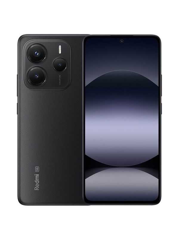 Xiaomi Redmi Note 14 5G smartphone in sleek black, featuring a 6.67-inch display, hybrid dual SIM capability, and a triple camera setup on the back.