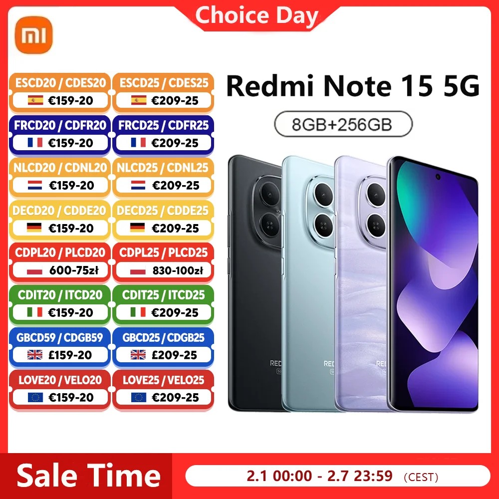 Xiaomi Redmi Note 15 5G smartphone in black, featuring a 6.77-inch display, 8 GB RAM, 256 GB storage, and a large 5520 mAh battery, displayed with colorful promotional tags.