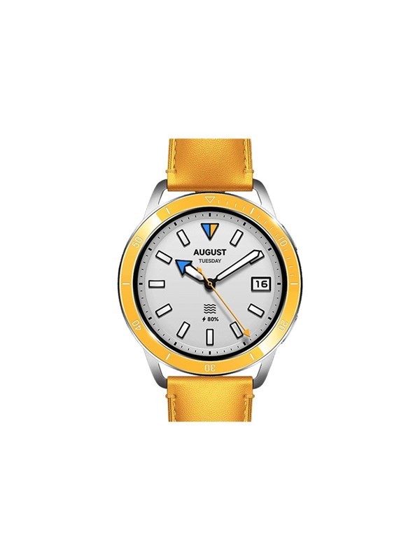 Stylish Xiaomi S3 smartwatch features a silver stainless steel case, a vibrant yellow leather strap, a white AMOLED display with a 466 x 466 pixel resolution, and a date window.