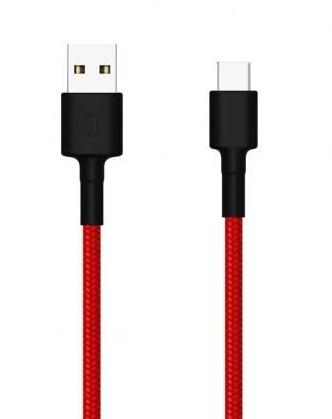 Xiaomi SJV4110GL USB cable, 1 meter long, featuring a black USB-A connector and a black USB-C connector, with a vibrant red braided exterior for durability.