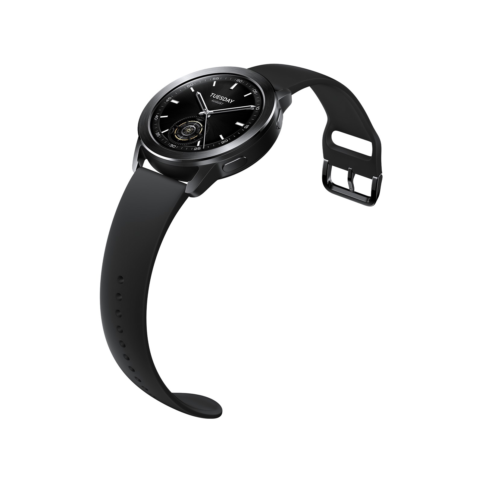 Black Xiaomi Watch Bezel featuring a sleek design, round face, and a black silicone strap, showcasing a modern digital watch interface.