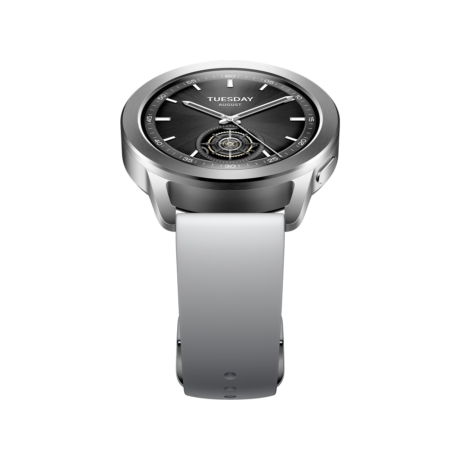 Silver Xiaomi watch bezel with a sleek design, featuring a black dial, white strap, and visible day indicator, showcasing a modern and elegant look.