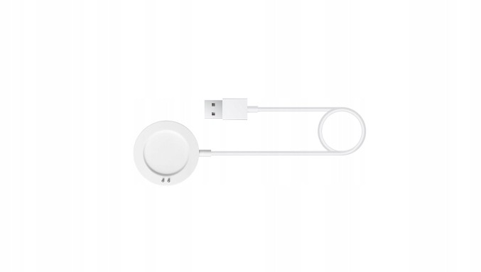 White circular charging dock with a smooth surface, featuring a USB connector and a short cable for the Xiaomi Watch 2.