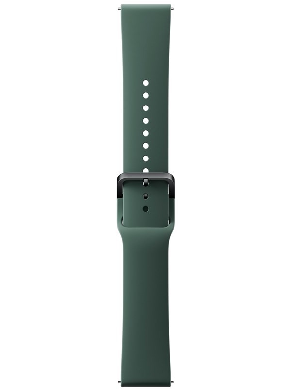 Green thermoplastic polyurethane watch strap featuring a sleek design, adjustable holes, and a black buckle for secure fitting.