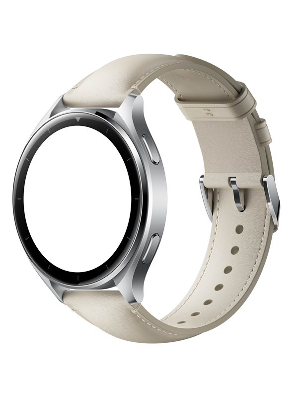 White leather watch strap with a sleek design, featuring silver metal accents and multiple holes for adjustable sizing, compatible with Xiaomi watches.