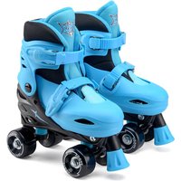 Blue Xootz adjustable quad roller skates, size 9-12, with black wheels and secure straps.