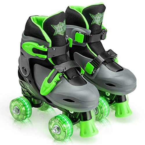 Green LED adjustable quad roller skates in size 13-3, featuring a black and gray design, secure buckles, and bright green wheels that light up.