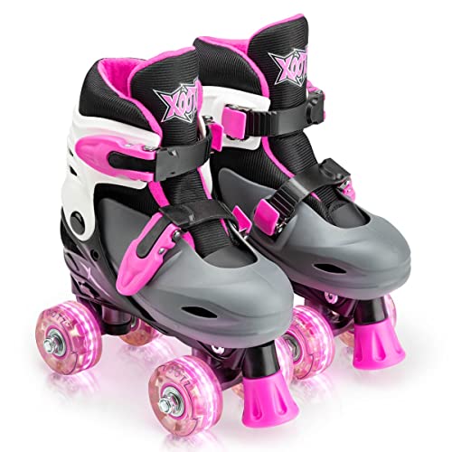 Pink LED adjustable quad roller skates with a black and white design, featuring a gray boot, pink accents, and light-up wheels, sized 13-3.