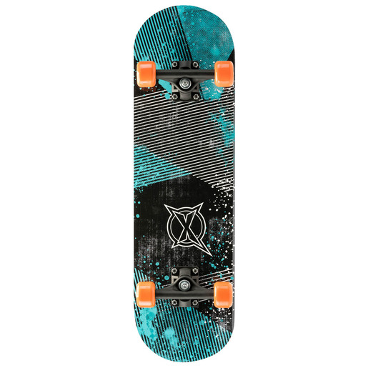 Blue graphic skateboard measuring 28 inches, featuring a black and turquoise design, orange wheels, and a prominent Xootz logo on the deck.