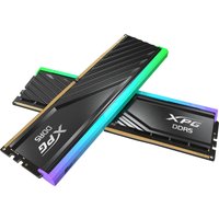 Black XPG LANCER BLADE RGB DDR5 memory module with colorful LED edges, 32 GB capacity, 2 x 16 GB sticks.