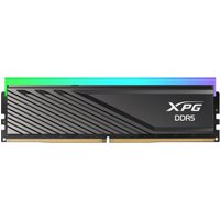 Black XPG LANCER BLADE RGB DDR5 memory module with colorful LED strip and ECC, 64 GB capacity, sleek design.