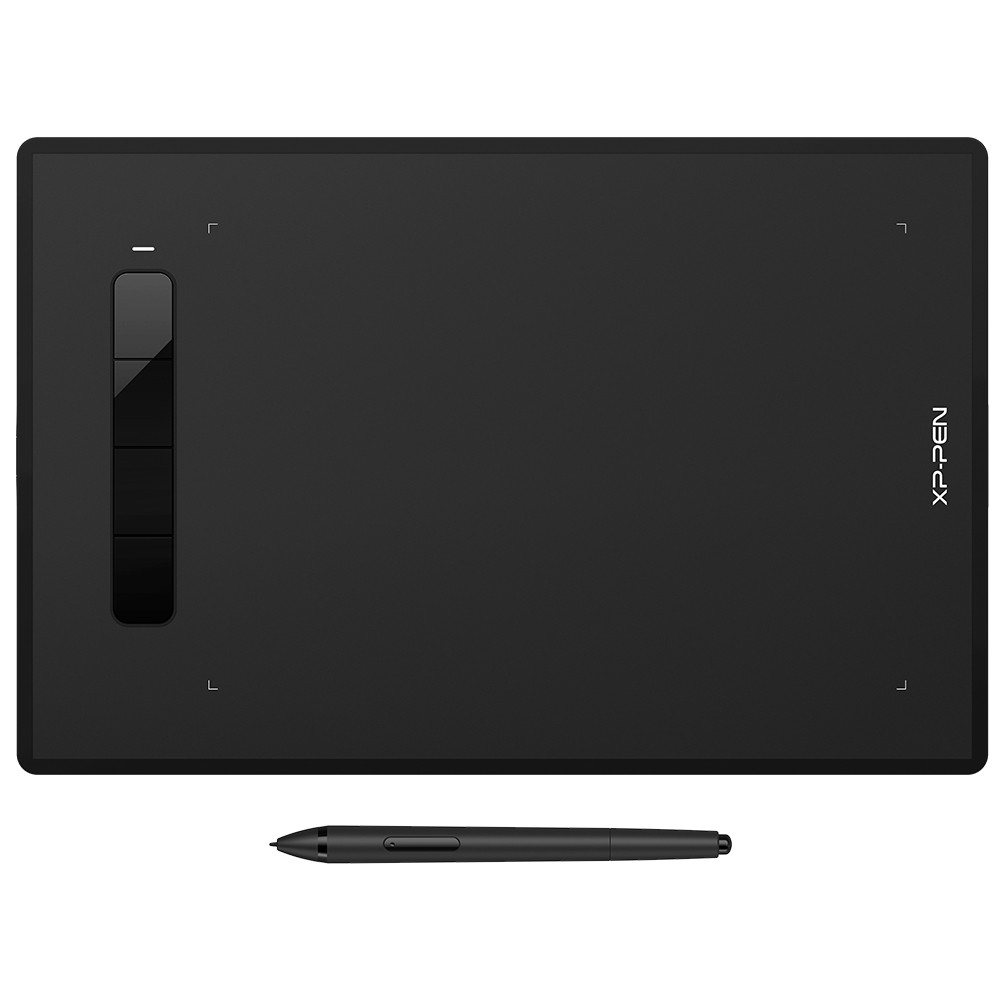 Black XPPen DECO MINI 4 graphic tablet features a sleek design, USB connectivity, a smooth drawing surface, and includes a stylus for precise input.