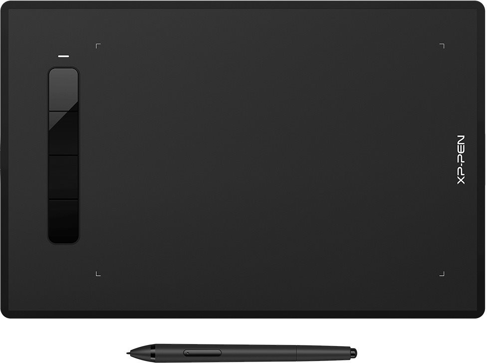 Black XPPen Star G960S Plus graphic tablet with a smooth surface, dimensions of 228.8 x 152.6 mm, featuring customizable shortcut buttons and a stylus pen.