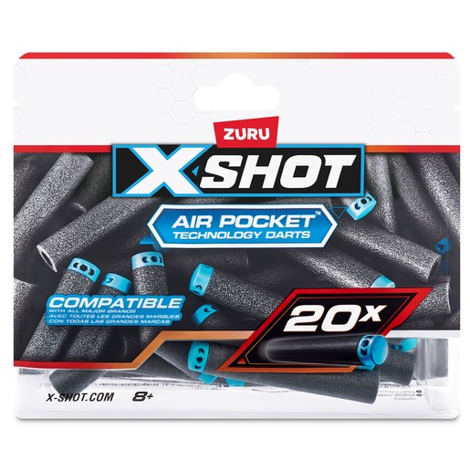 Black foam darts with blue tips, packaged in a clear plastic bag, featuring the ZURU XSHOT logo and "AIR POCKET Technology" label, designed for use with compatible blasters.