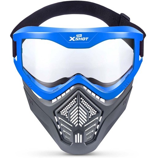 Blue tactical mask with a clear visor, featuring a textured gray lower section and adjustable black straps, designed for use with XSHOT Blasters.