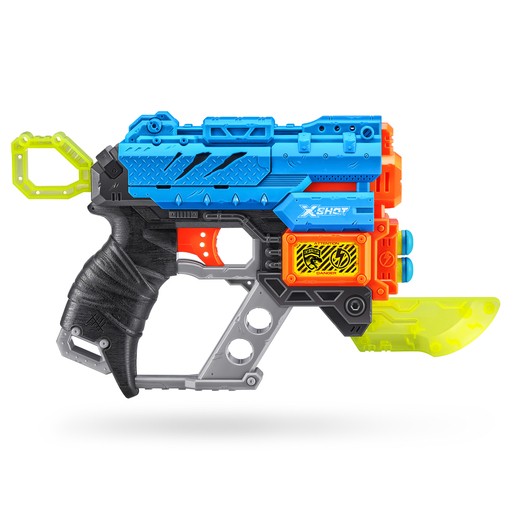 Colorful blaster featuring a blue and orange body, a textured black grip, and a bright yellow dinosaur-shaped blade attachment.