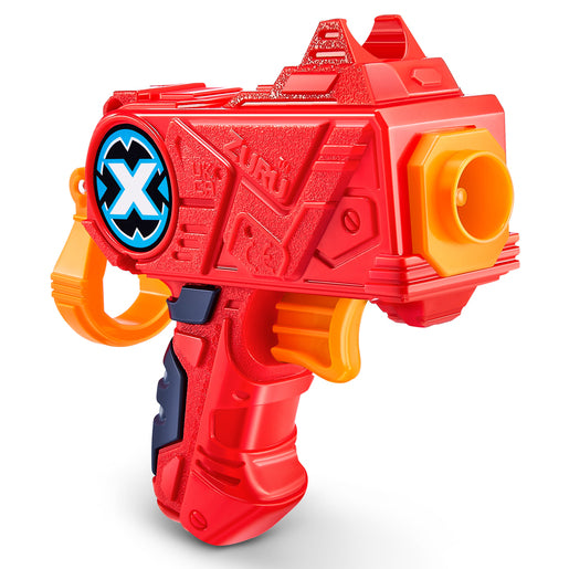 Bright red plastic blaster with an orange barrel, featuring a blue X logo, textured grip, and a compact design ideal for quick action play.