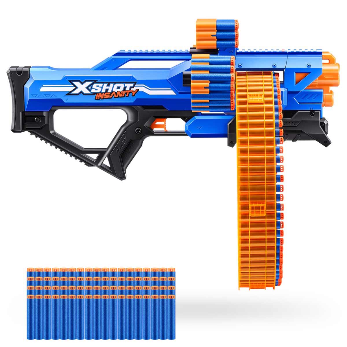 Bright blue and orange XSHOT Insanity Mad Mega Barrel blaster with a large drum for holding darts, featuring a sleek design and a tactical grip, accompanied by a set of 24 darts.