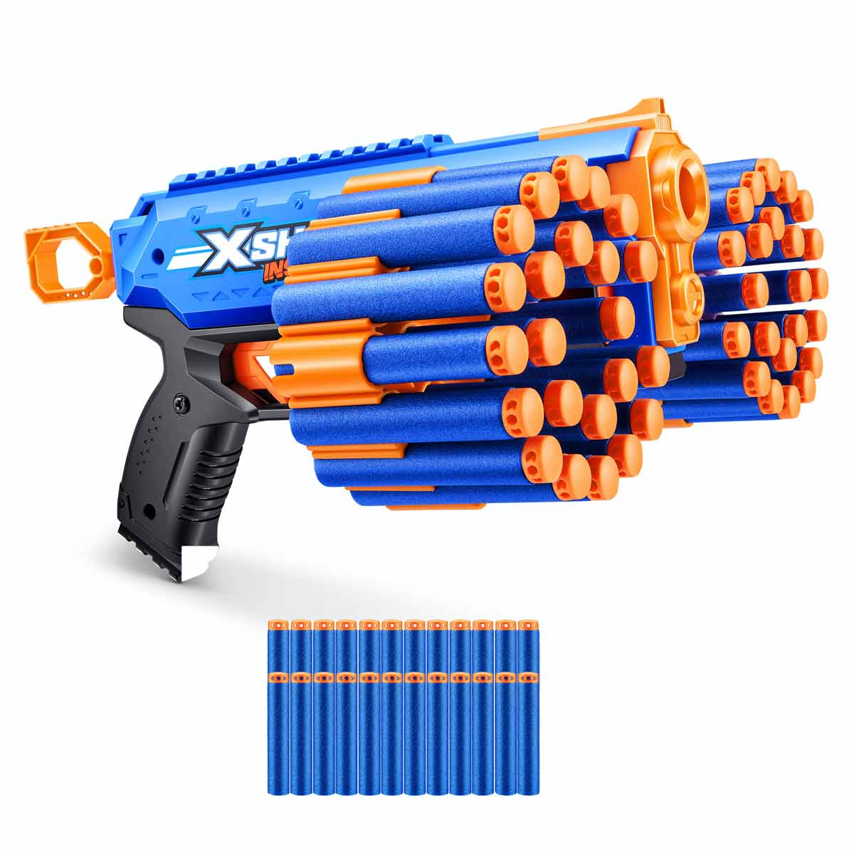 Bright blue and orange XSHOT Insanity Manic Blaster features a unique design with multiple dart chambers and comes with a set of foam darts for fun play.