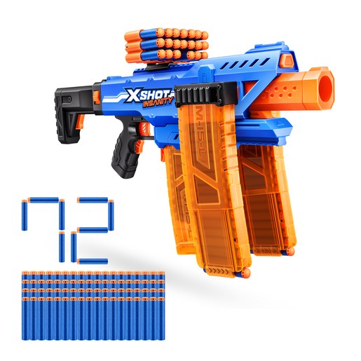 Bright blue and orange motorized dart blaster with two transparent orange clip magazines, featuring a total of 72 foam darts and a sleek design for rapid firing.