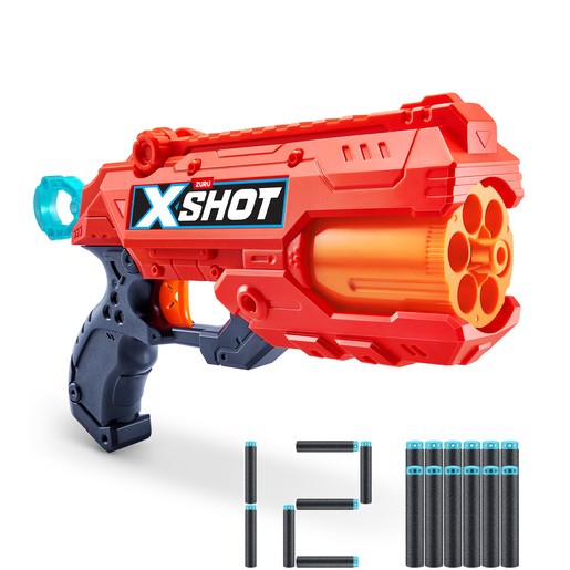Bright red and orange XSHOT Reflex 6 Blaster features a sleek design with a black grip, six dart chambers, and includes six foam darts for action-packed play.