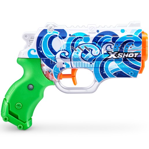 A colorful water blaster featuring a green handle, blue and white wave patterns on the body, and an orange trigger, designed for fast water filling and play.