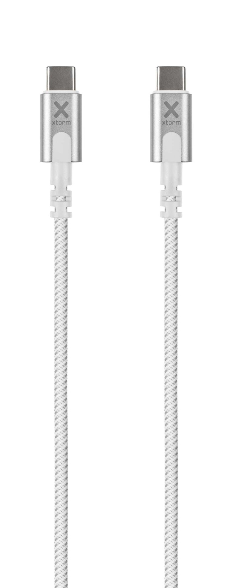 White 2-meter USB-C cable with a braided design, featuring silver metal connectors and Xtorm branding on the cable.