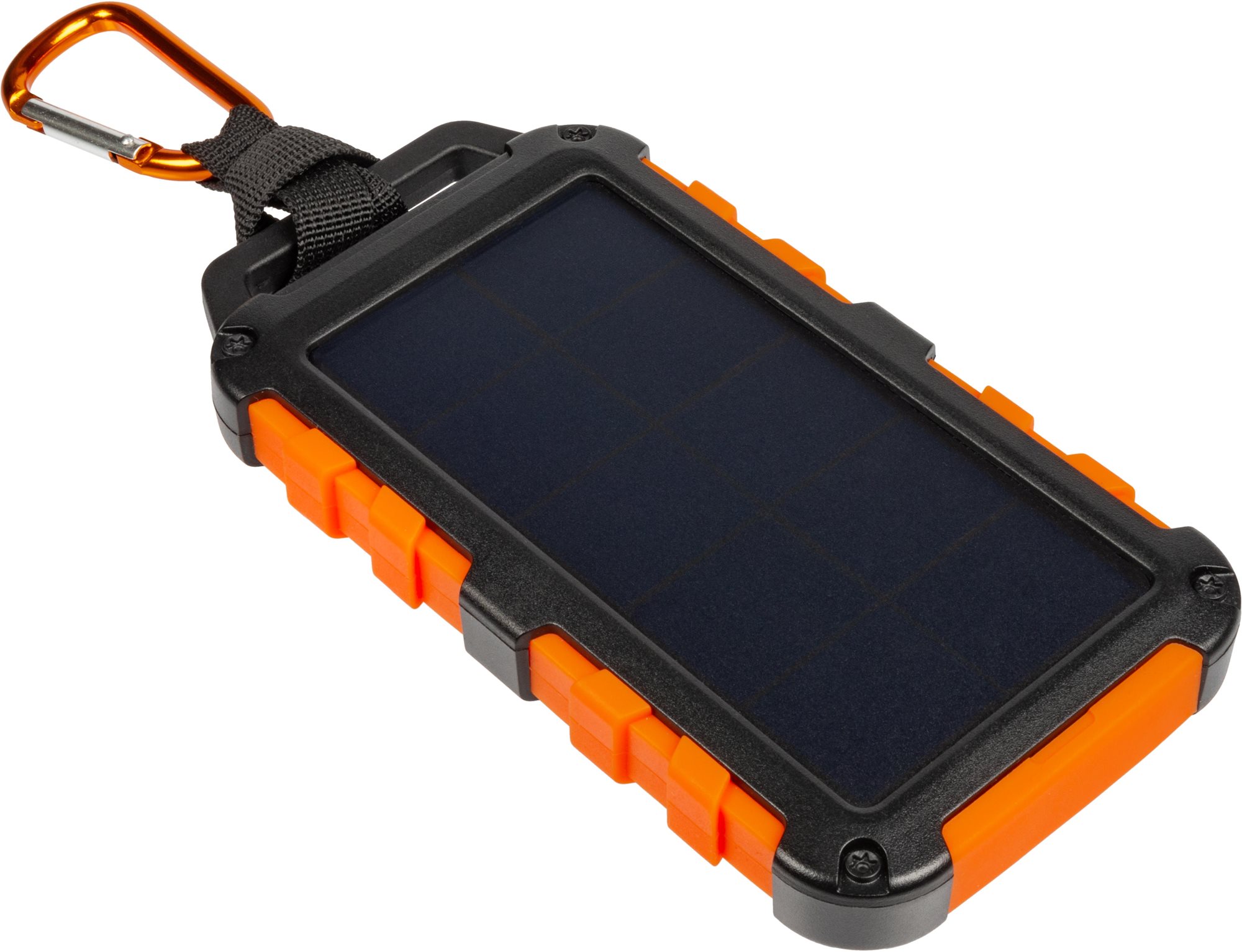 Xtorm Solar Charger 10.000 features a rugged black and orange design, a solar panel on the front, and a sturdy carabiner for easy attachment.