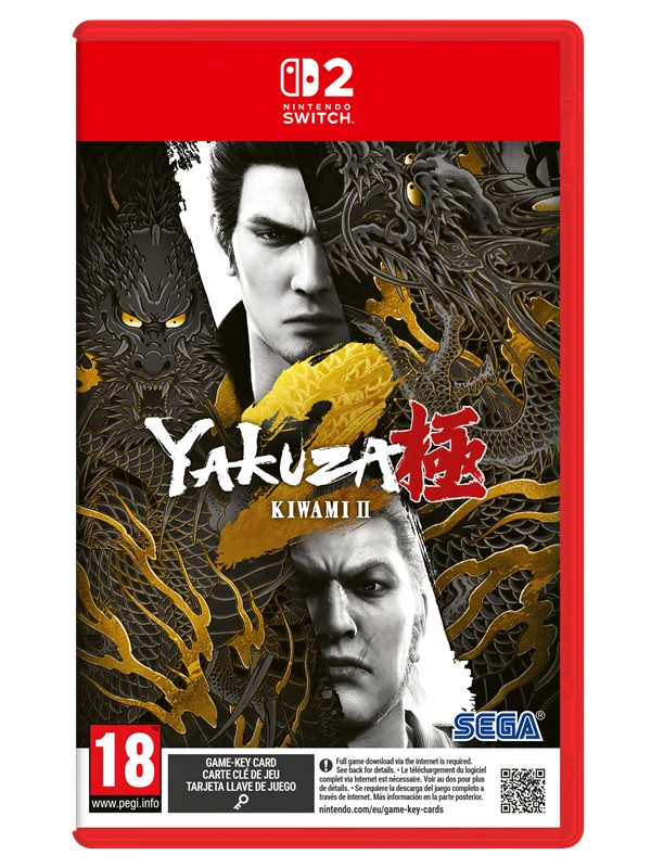 Red Nintendo Switch game case featuring the title "Yakuza Kiwami 2" in bold yellow and black text, with character artwork of two male figures and a dragon design in the background.