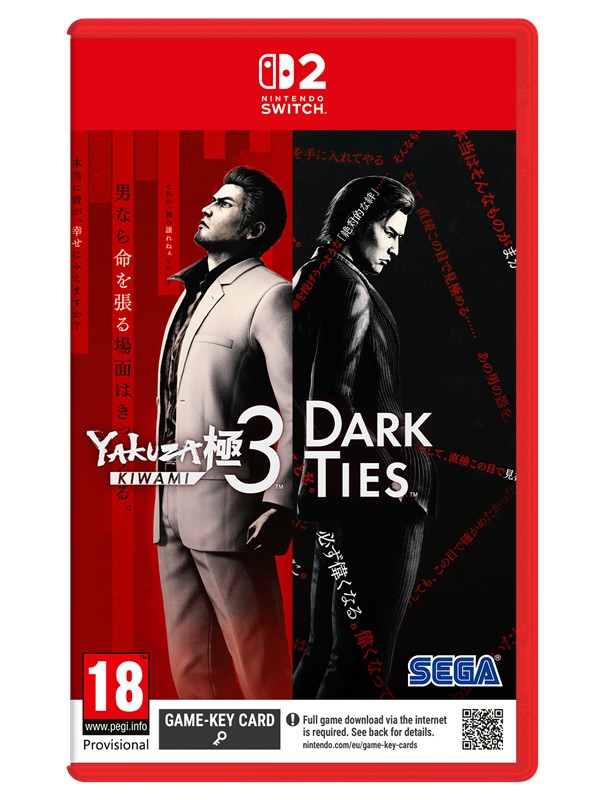 Red Nintendo Switch case featuring "Yakuza Kiwami 3 & Dark Ties" title, with striking black and white character artwork and bold red text, marked with an 18+ age rating.