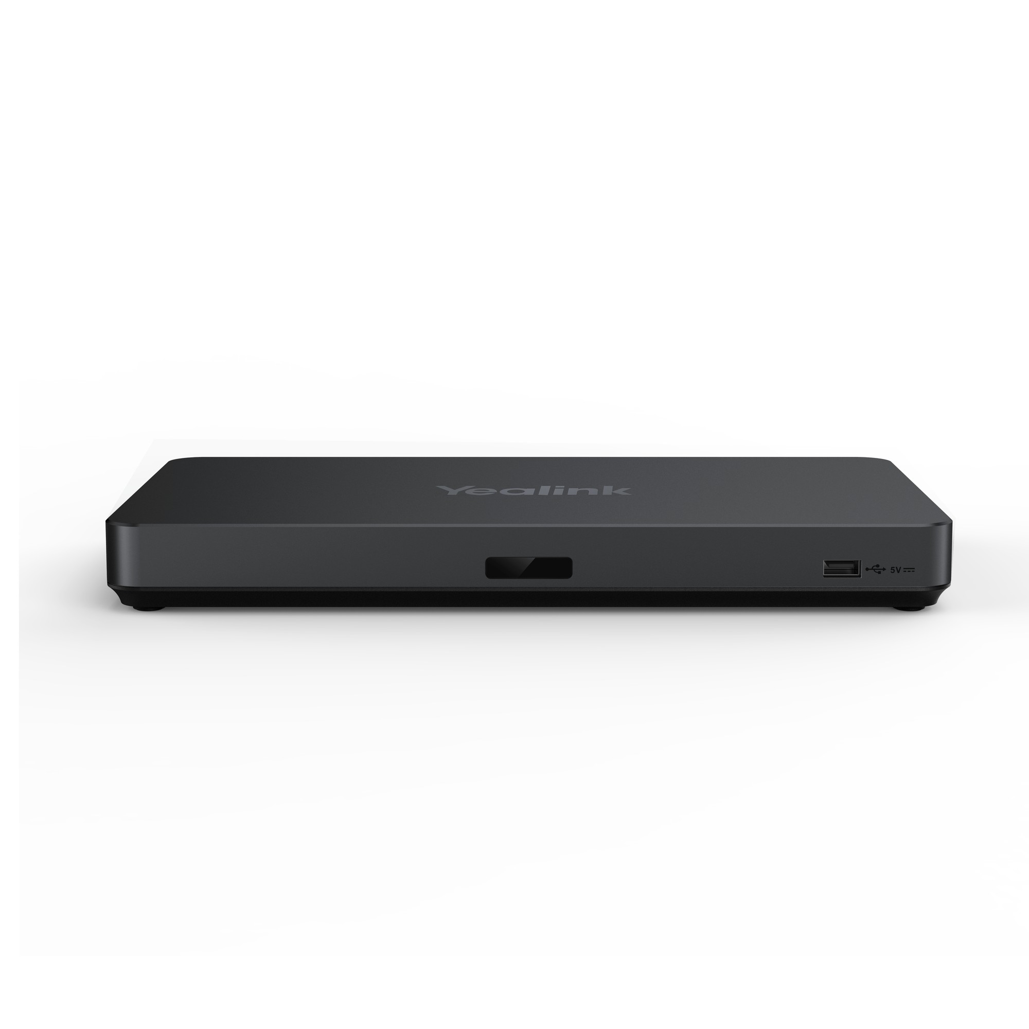 Yealink AVHub in sleek black design, featuring a smooth surface, USB port on one side, and compact dimensions for easy integration in meeting spaces.