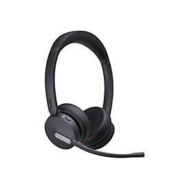 Wireless stereo binaural headset in black with cushioned ear cups, adjustable headband, and a flexible boom microphone, designed for USB-CA and Microsoft Teams compatibility.