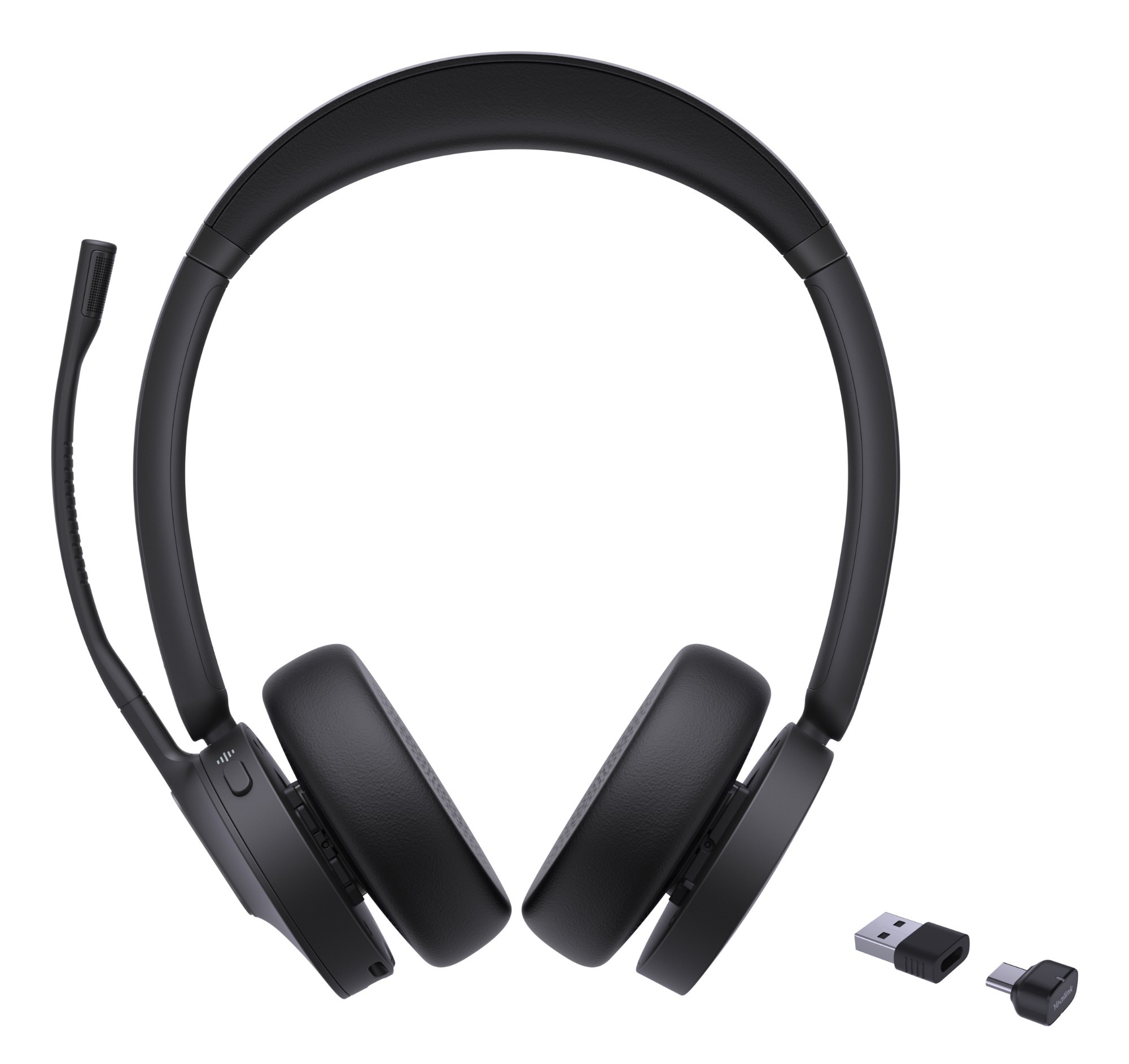 Black Yealink BH70 Dual UC USB-C/a headset featuring cushioned ear cups, an adjustable headband, a flexible microphone boom, and a USB dongle for connectivity.