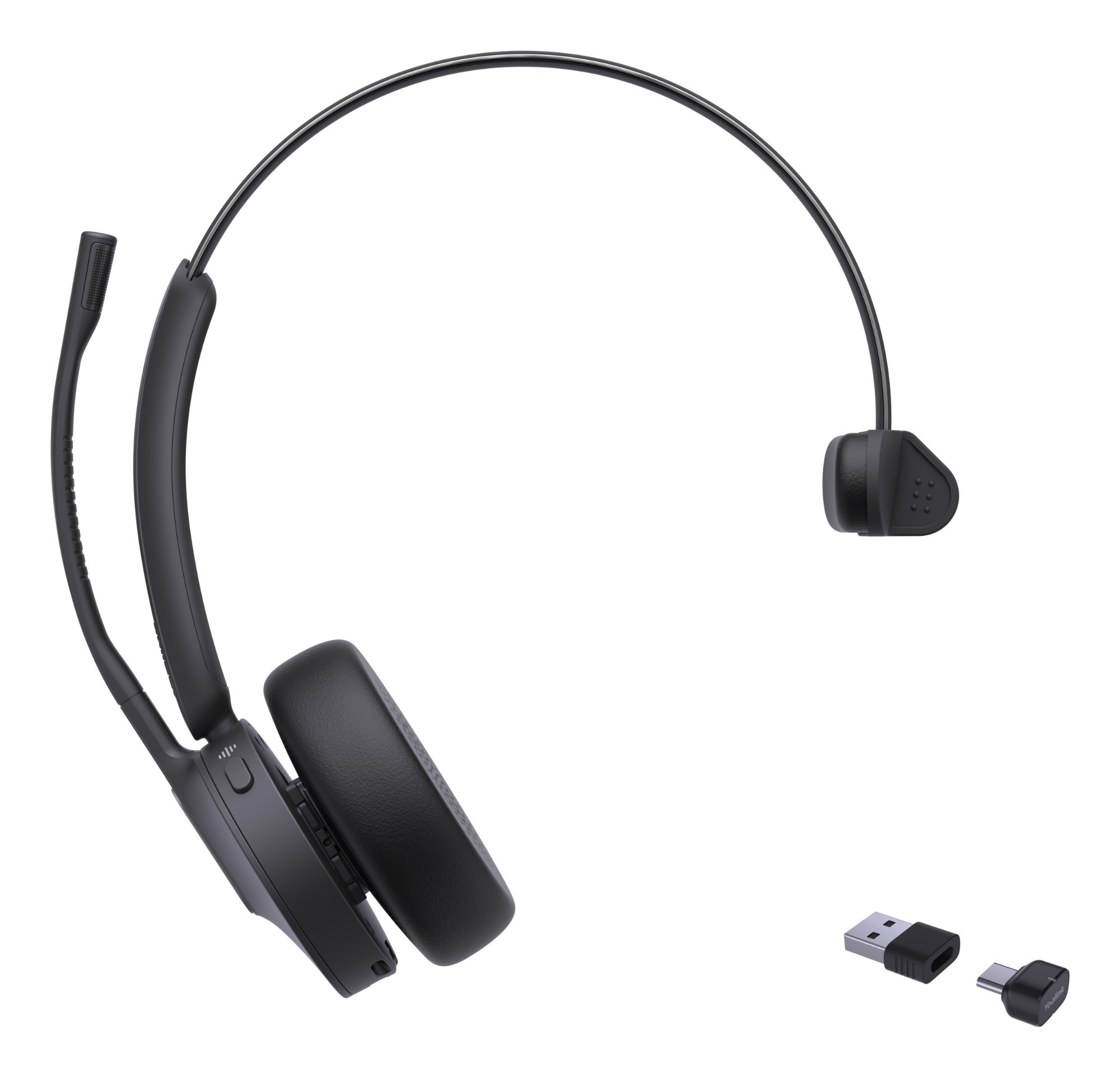 Black Yealink BH70 Mono UC USB-C/a headset featuring a flexible microphone arm, cushioned ear cup, and a USB dongle for connectivity.