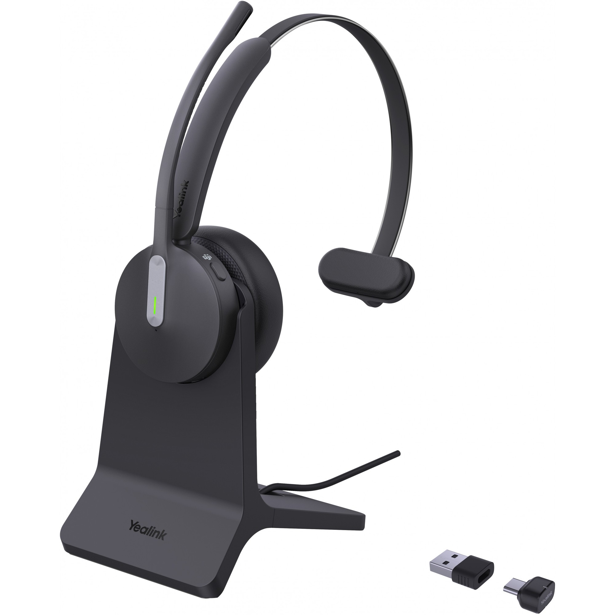 Yealink BH70 Mono headset in black with a sleek design, featuring a flexible microphone, adjustable headband, and a stand for easy storage, includes USB-C dongle.