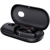 Black Yealink BH71 wireless in-ear headset with textured earpiece in an open black charging case.