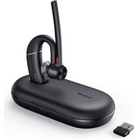 Black Yealink BH71 Pro headset with sleek design, charging case, and USB dongle.