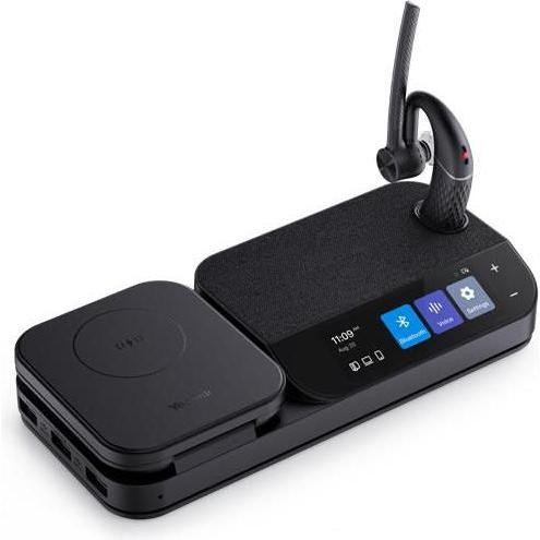 Wireless Yealink BH71-WORKSTATION headset in black with a sleek design, featuring a charging base, touch controls, and a flexible microphone for office use.