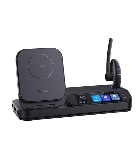 Yealink BH71 Workstation Headset features a sleek black design with a charging base, touch screen controls, and a wireless headset with a flexible microphone.