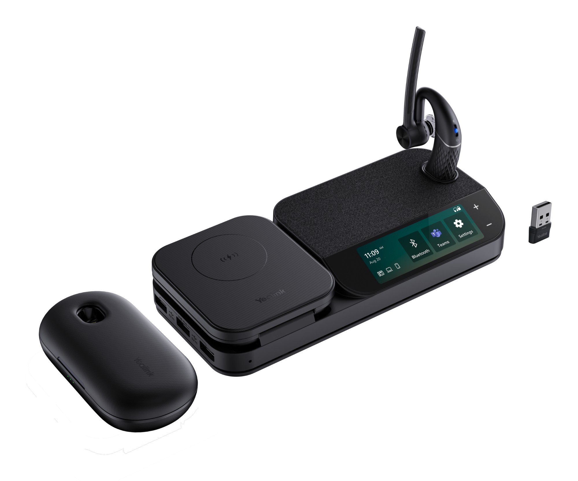 Yealink BH71 Workstation Pro Headset in sleek black, featuring a wireless charging pad, touch control panel, and a detachable microphone for clear communication.
