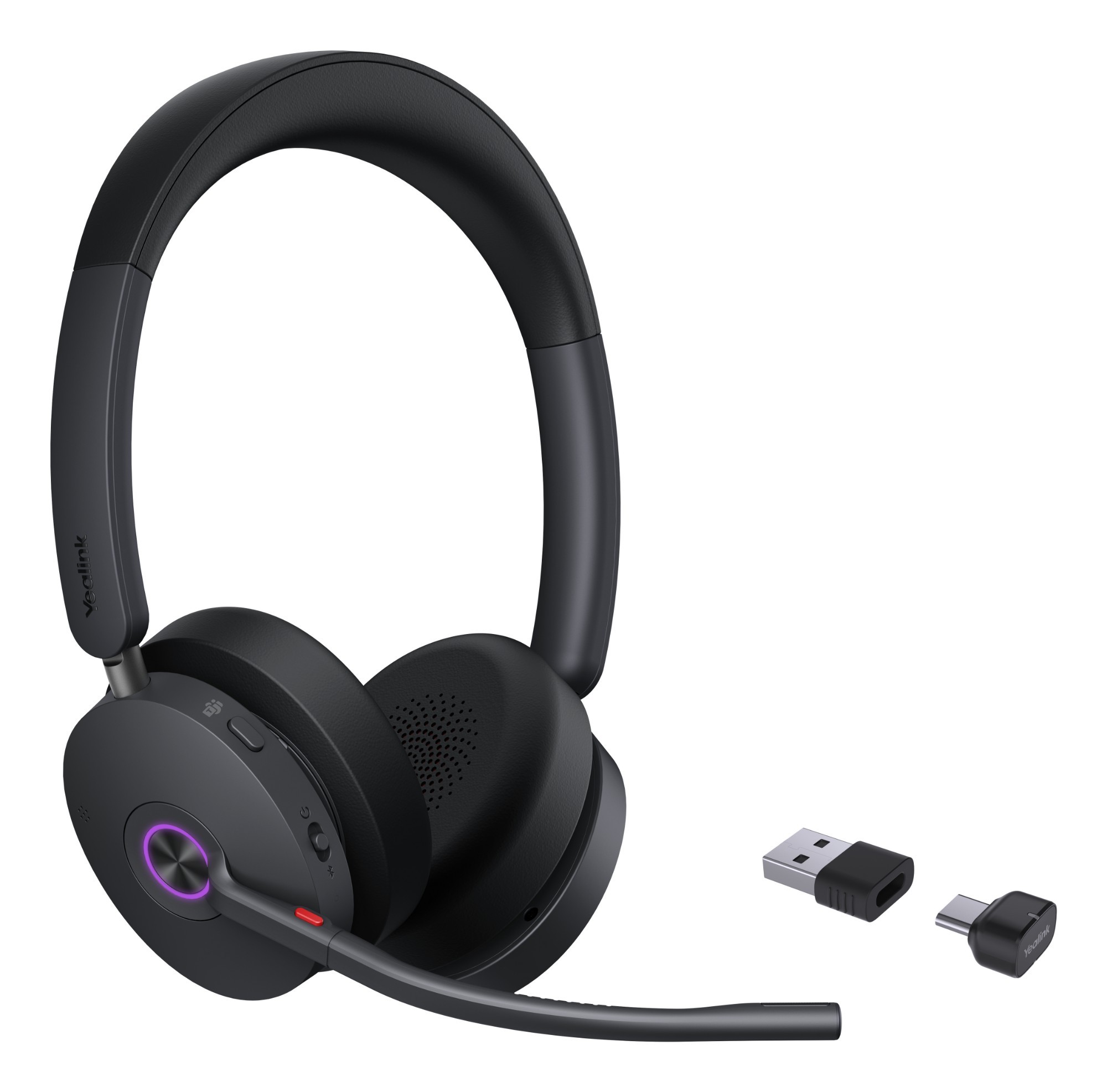 Black Yealink BH74 Bluetooth stereo wireless headset with a sleek design, adjustable headband, and detachable microphone, accompanied by USB-C and USB-A dongles.