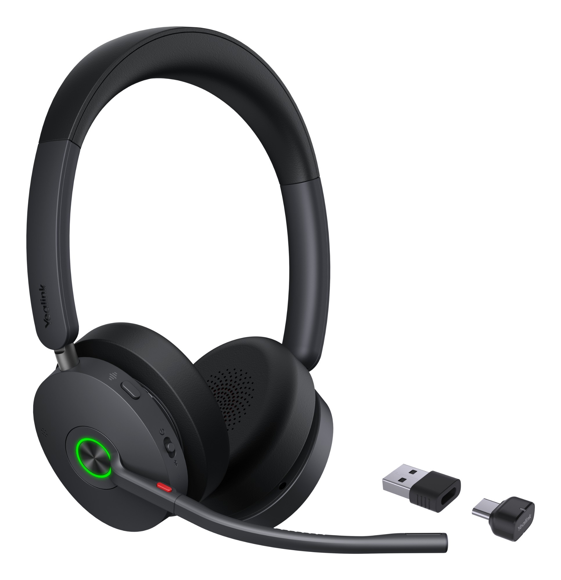 Black Yealink BH74 UC USB-C/a headset with a sleek design, adjustable headband, built-in microphone, and a USB dongle for connectivity.