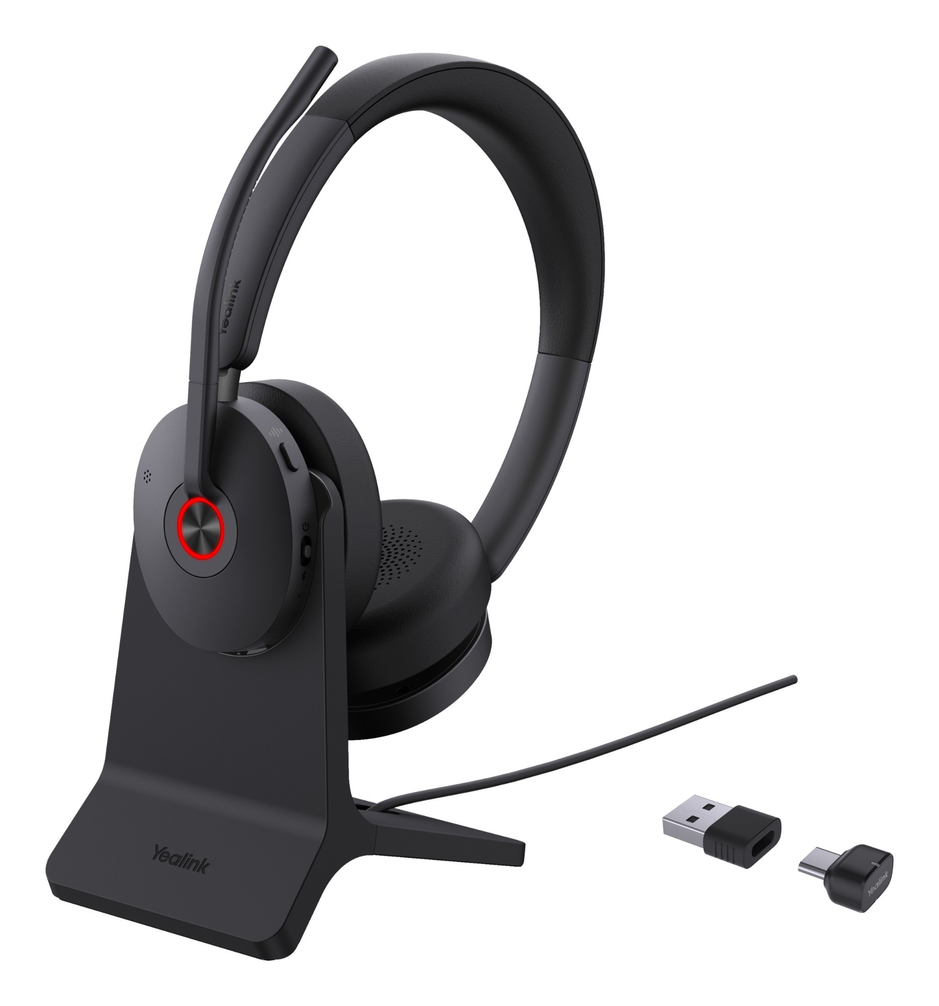 Black Yealink BH74 headset with a sleek design, featuring a flexible microphone boom, cushioned ear pads, a USB-C adapter, and a stylish stand for easy storage.