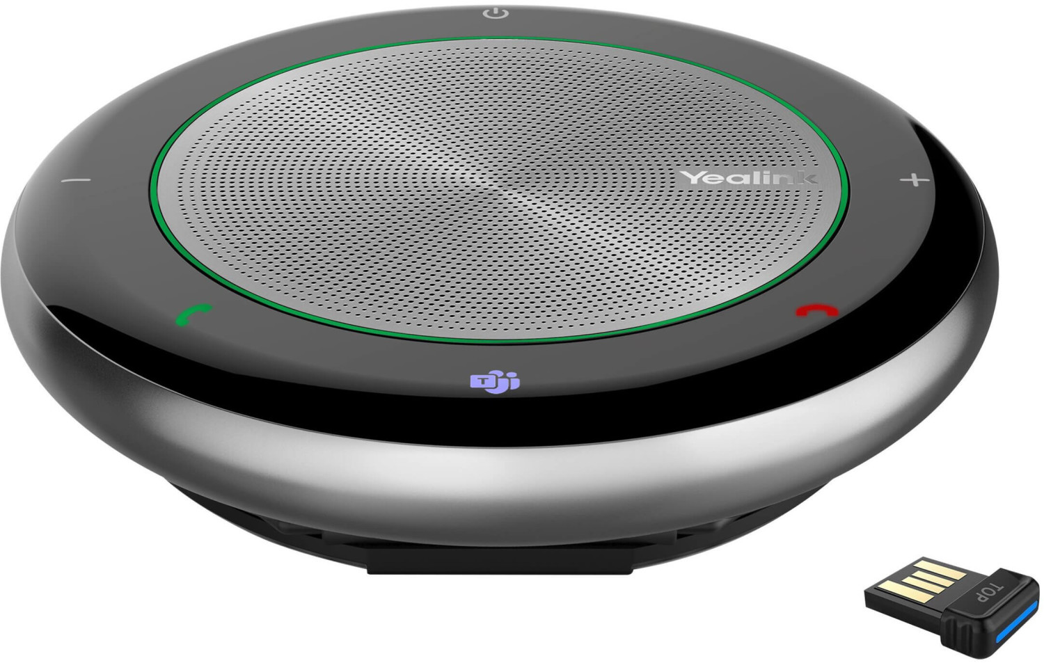 Yealink CP700 Teams Edition speakerphone features a sleek black and silver design, with a circular shape, LED indicators, and includes a BT50 USB adapter for connectivity.