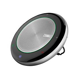 Black Yealink CP700 Teams Edition speakerphone with a sleek circular design, silver trim, and touch-sensitive controls for volume and call management.