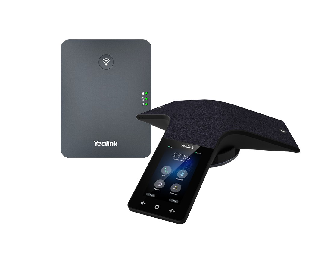 Yealink CP935W-Base IP Conference Phone features a sleek black design with a touch screen interface, accompanied by a compact gray base unit with LED indicators.